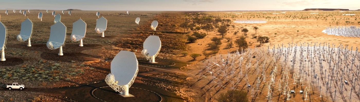 Artists impression of large telescope dishes blending into smaller telescope dishes on desert land