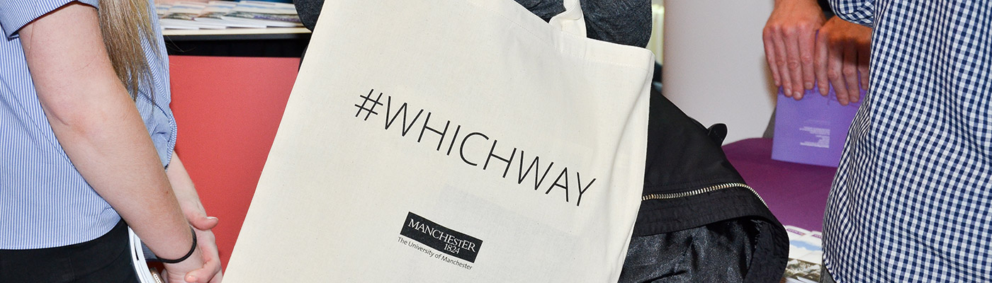 Tote bag with '#whichway' printed on it.