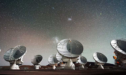 View of ALMA during its Early Science observing phase in late 2011. Telescopes from all three partners are in the array.