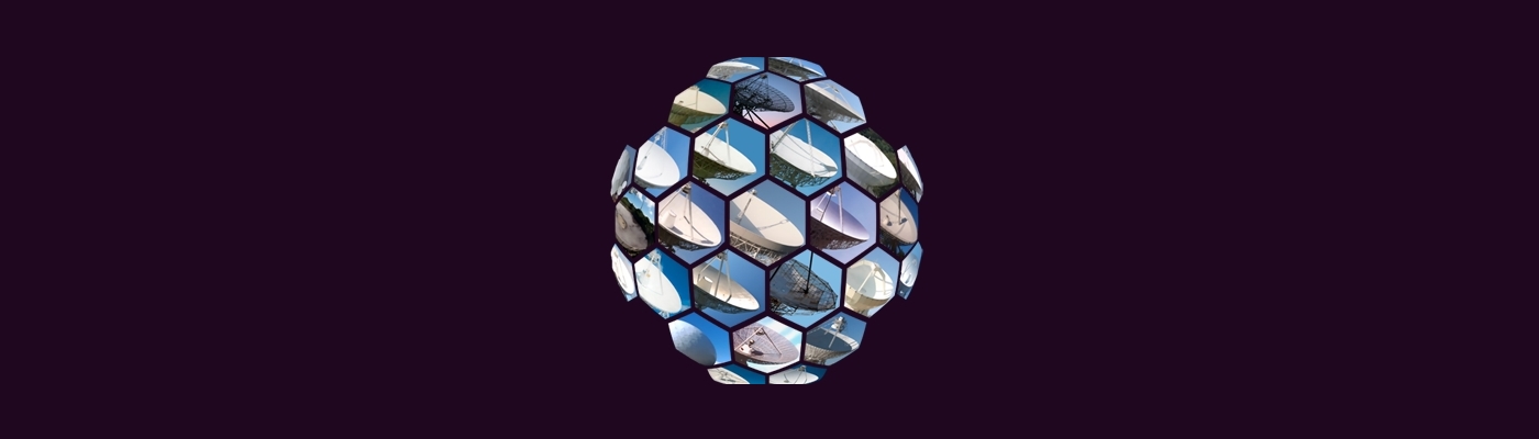 Purple blank background with a central cluster of small telescopes making up a globe symbol