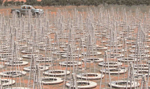 An artist impression of the low frequency antennas in Australia with the ASKAP telescope in the background