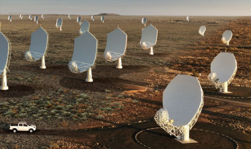 rows of satellite dishes pointing up to a night, starry sky 