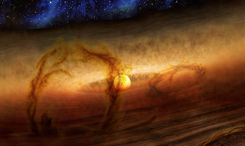 Magnetic loops carrying gas and dust above disks of planet-forming material circling stars